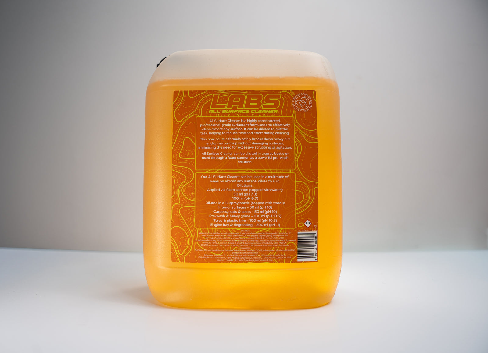 LABS All Surface Cleaner Rear Label & Instructions 5L Jug Orange