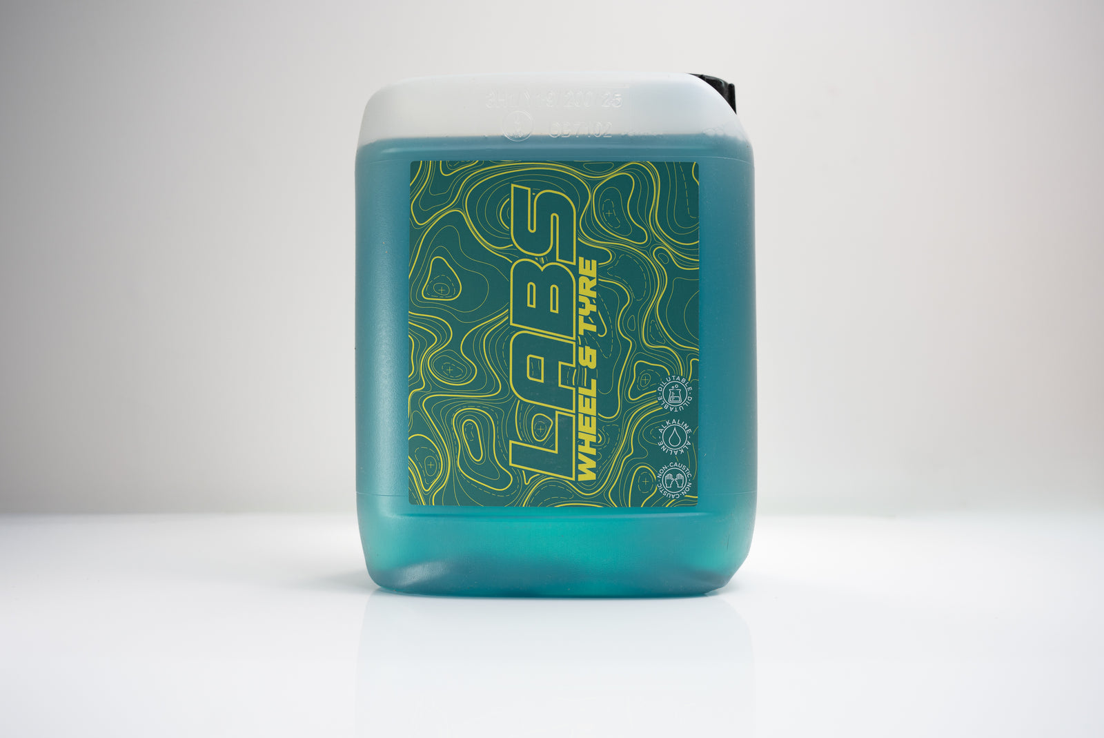 LABS Wheel & Tyre Topographic Look Label Dark Green Label & Product, Yellow ext 5L Jug Front Label