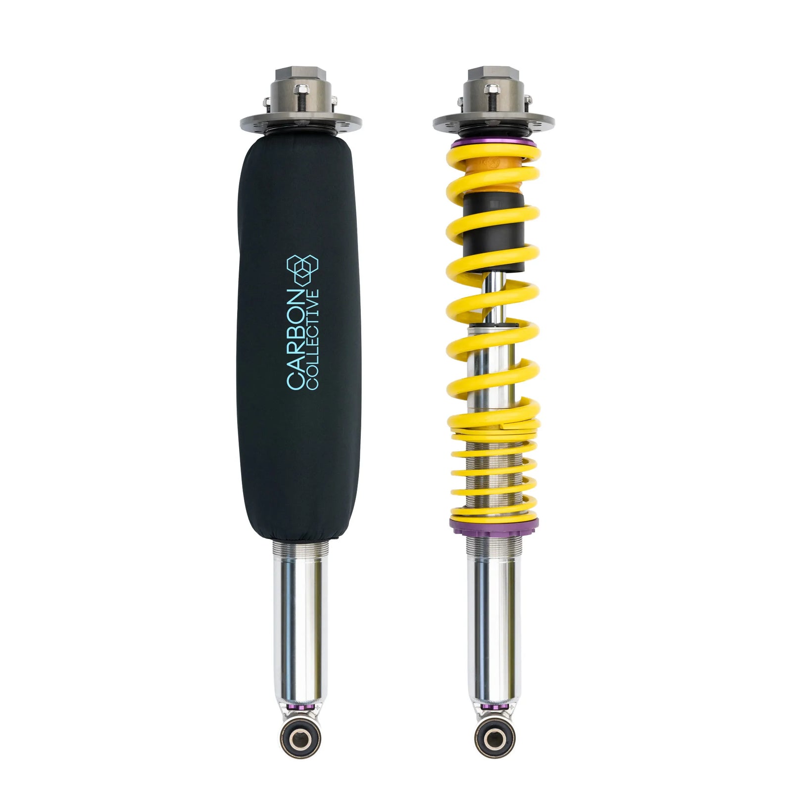 Carbon Collective neoprene coilover cover fitted vs. uncovered coilover, 350mm length, 2.25/2.5 inch spring.