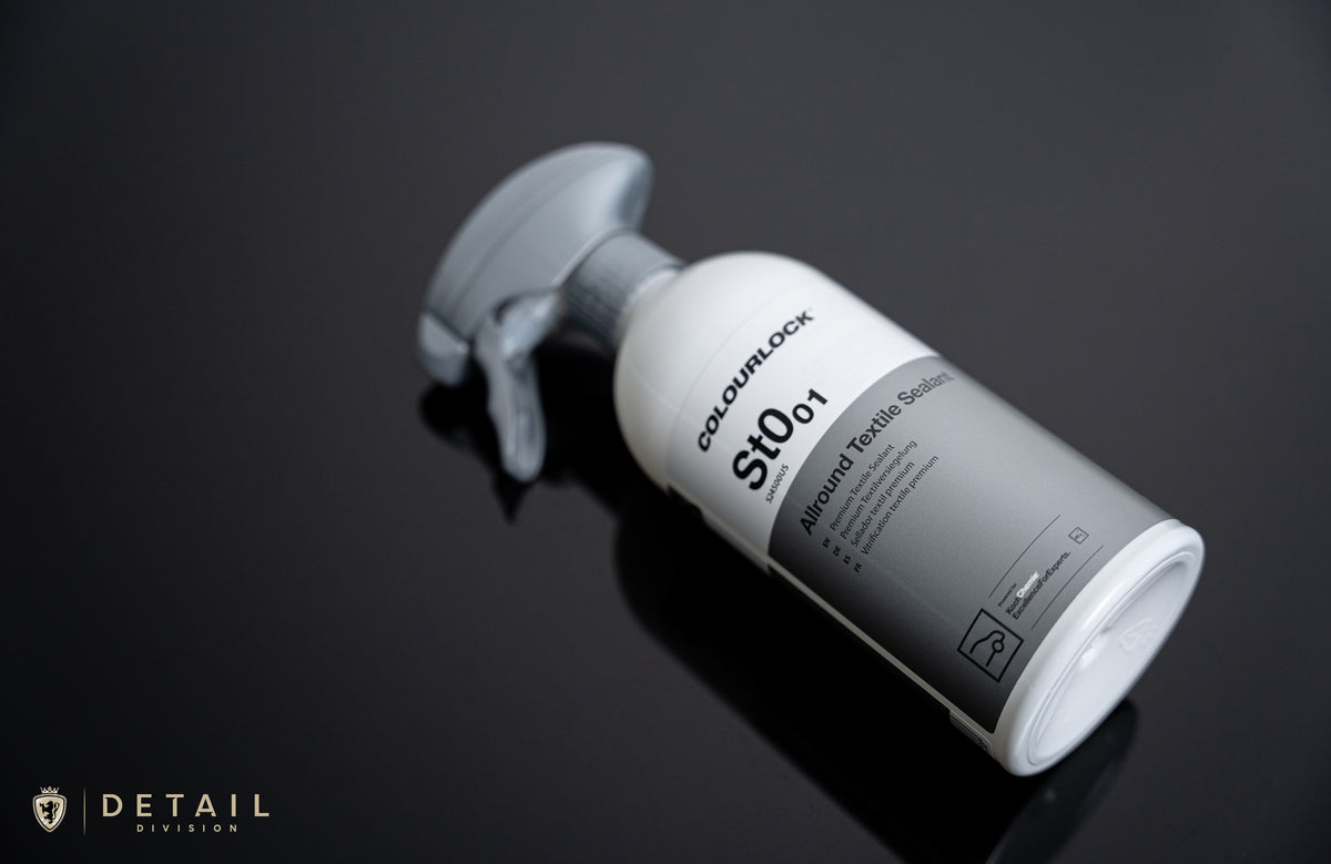 Koch Chemie Allround Textile Sealant ST0.01 500ml, a sprayable fabric protector designed to reduce staining on seats and convertible roofs without altering texture or color. Contains no solvents or resins.