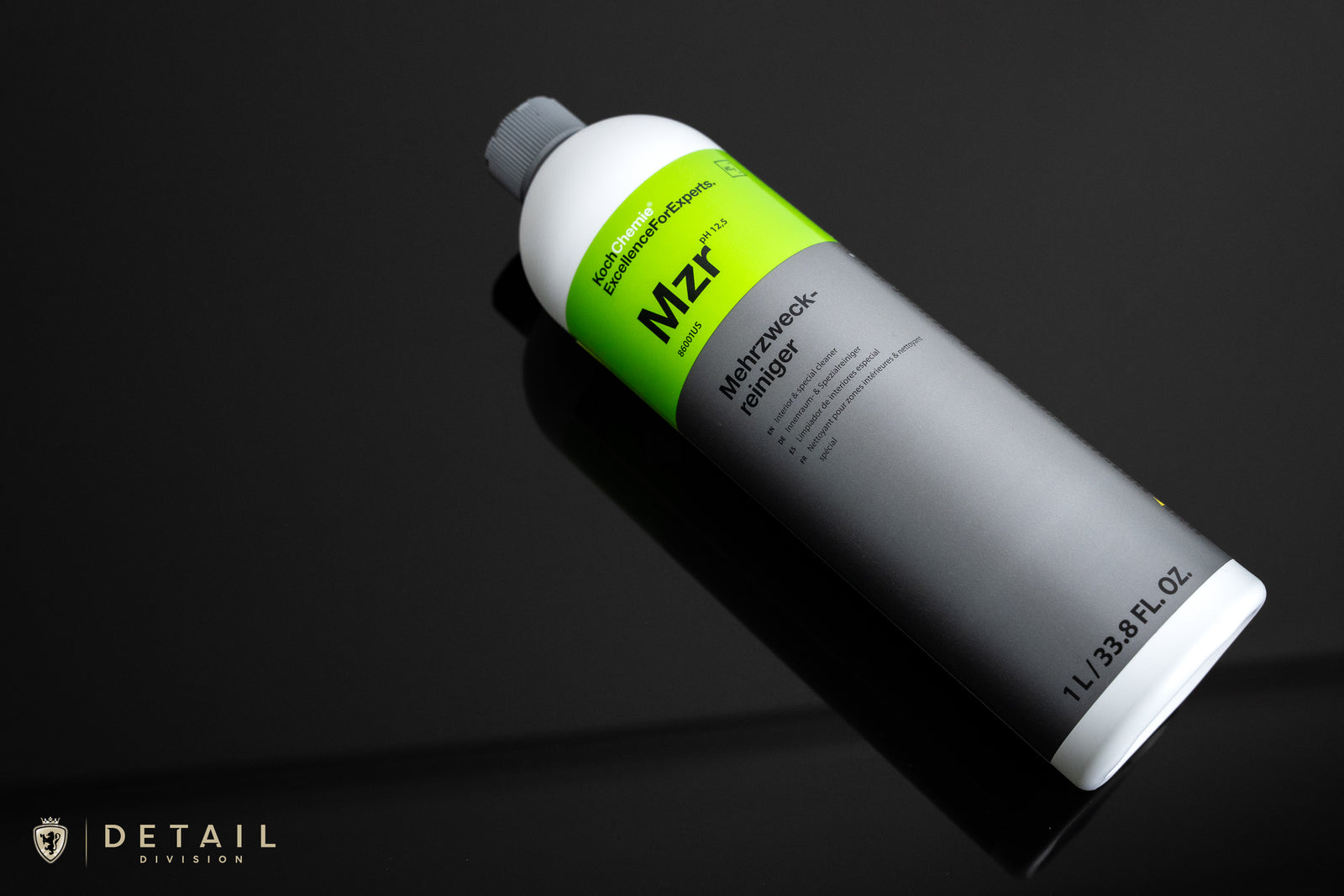 Koch Chemie MZR Mehrzweckreiniger, a high-strength 12.5 pH alkaline interior cleaner for removing nicotine stains, grease, ink, and grime. Safe for carpets, upholstery, and hard plastics with proper dilution.