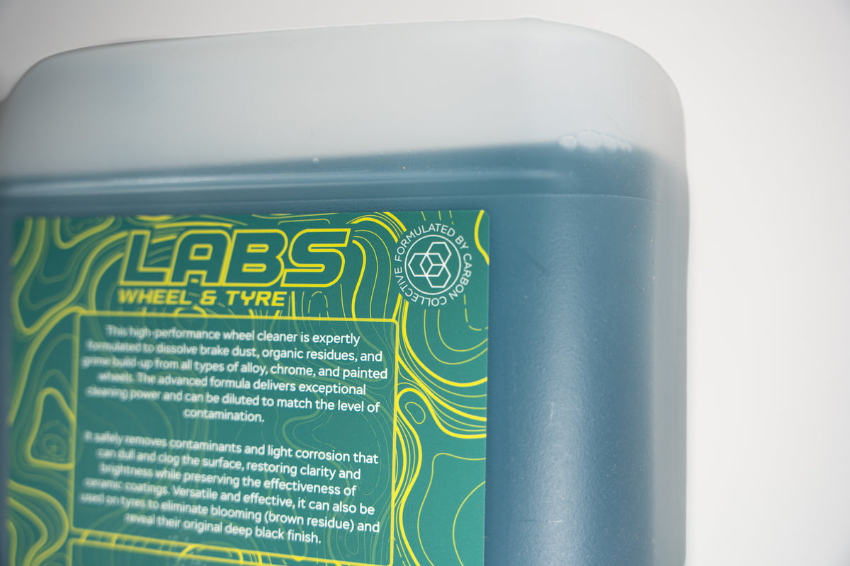 Labs Wheel &amp; Tire Macro Rear Label Detail Shot 'Formulated by Carbon COllective' with partially included instructions 5L Jug