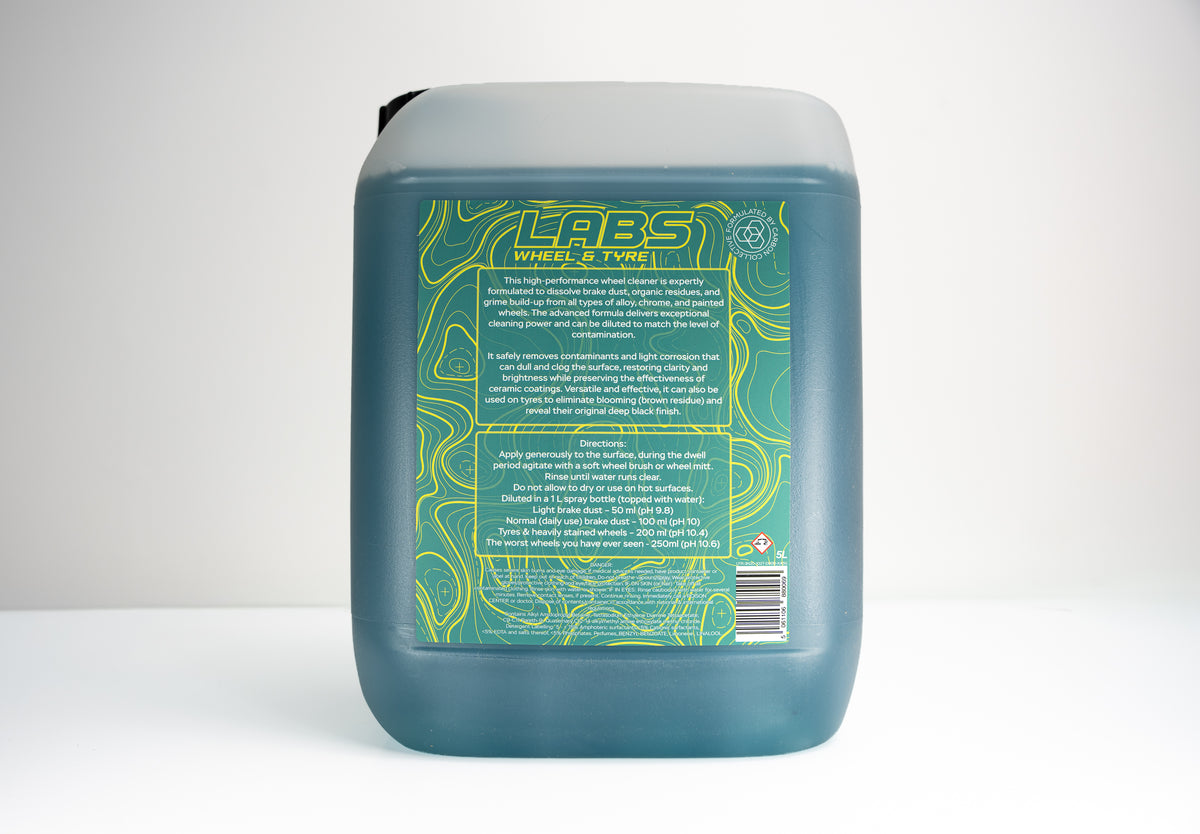 Rear Label LABS Wheel &amp; Tire Green Product Label with Yellow Instructional Text and Warning Symbol 5L Jug