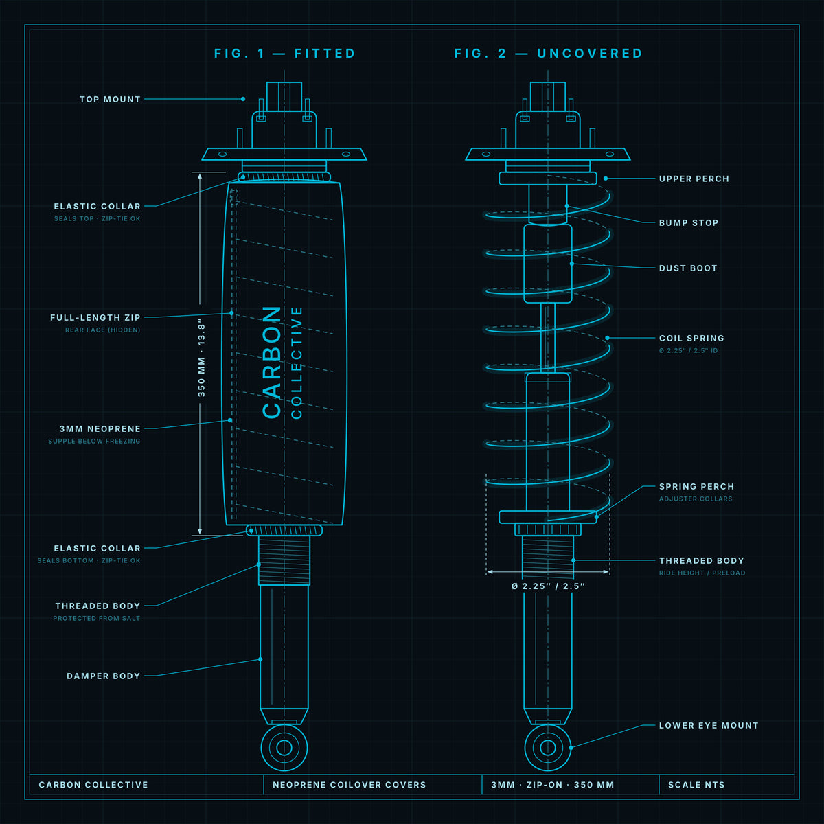Technical drawing of Carbon Collective neoprene coilover cover fitted vs. uncovered coilover, 350mm length, 2.25/2.5 inch spring.