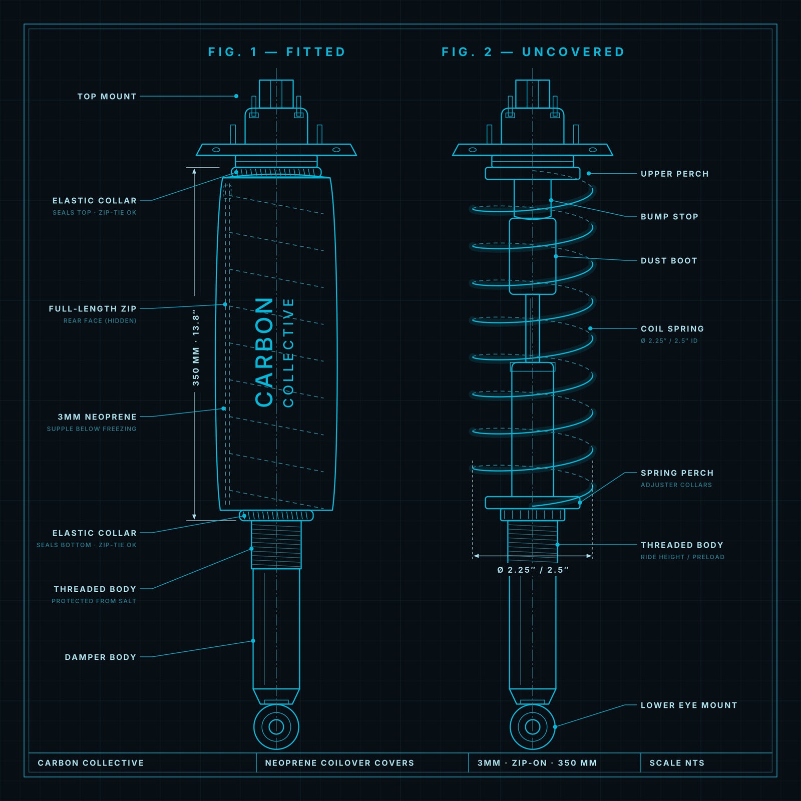 Technical drawing of Carbon Collective neoprene coilover cover fitted vs. uncovered coilover, 350mm length, 2.25/2.5 inch spring.